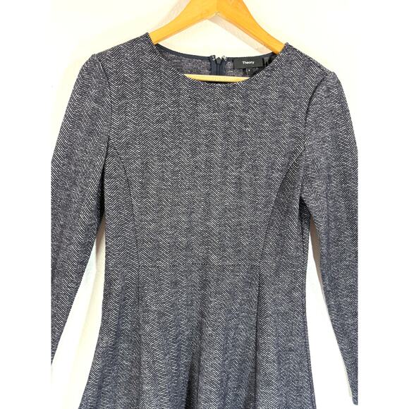Theory Albita Wool Blend A-Line Long Sleeve Dress Blue Gray Herringbone Size 8 - Picture 4 of 9